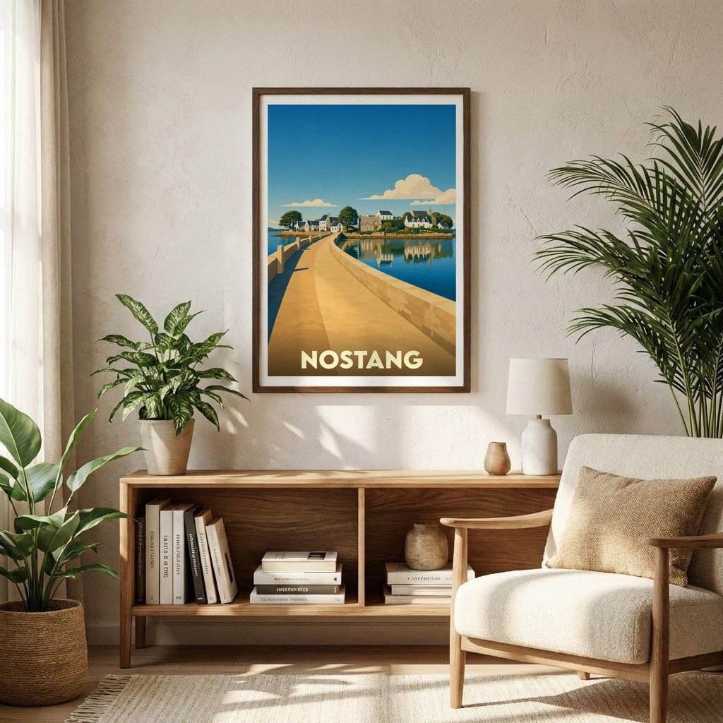 Affiche souvenir de la ville de Nostang représentant une illustration stylisée de son pont et de ses maisons en bord de mer.