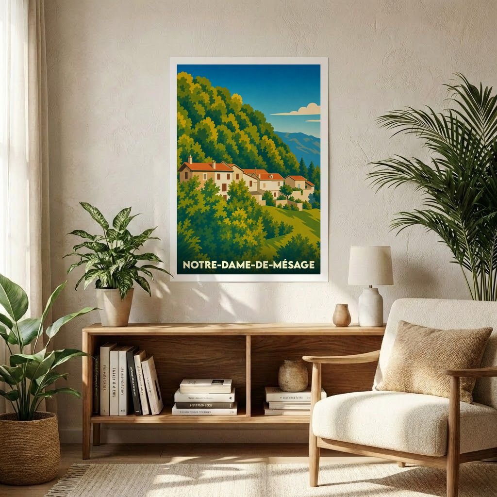 Affiche souvenir de la ville de Notre-Dame-de-Mésage avec une illustration stylisée de maisons nichées à flanc de colline boisée.