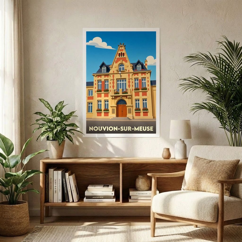 Affiche souvenir de la ville de Nouvion-sur-Meuse avec une illustration stylisée de son hôtel de ville.