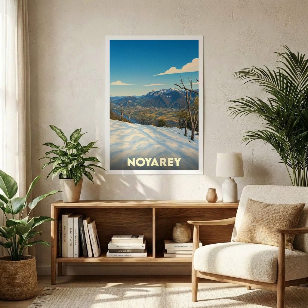 Affiche souvenir de la ville de Noyarey avec une illustration de paysage montagneux enneigé.
