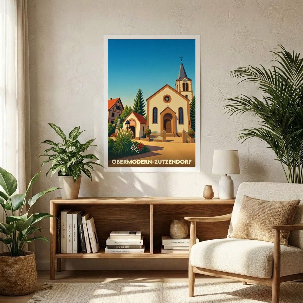 Affiche souvenir de la ville d'Obermodern-Zutzendorf avec une illustration stylisée de son église et de son architecture traditionnelle.