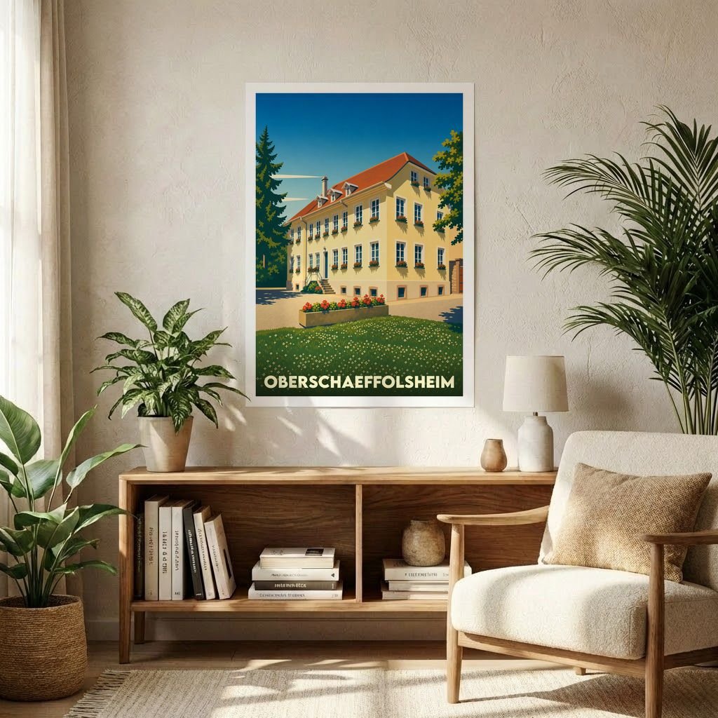 Affiche souvenir de la ville d'Oberschaeffolsheim avec une illustration stylisée d'un grand bâtiment alsacien sous un ciel bleu.