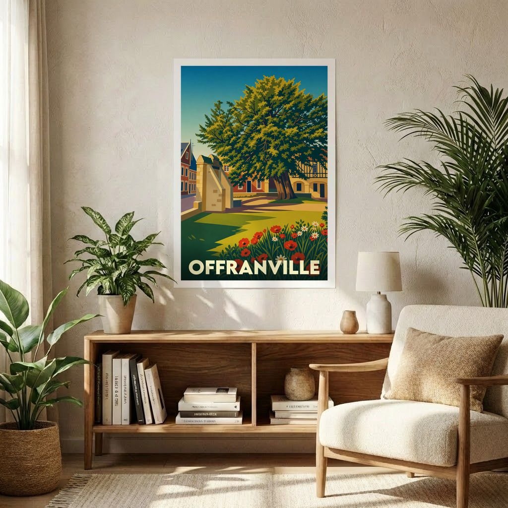 Affiche souvenir de la ville d'Offranville avec une illustration stylisée d'un grand arbre et de bâtiments historiques.