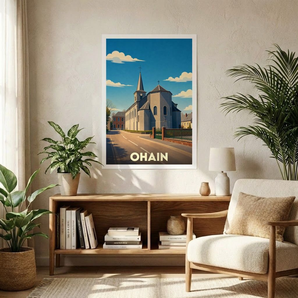 Affiche souvenir de la ville d'Ohain représentant son église sous un ciel bleu dans un style graphique épuré.