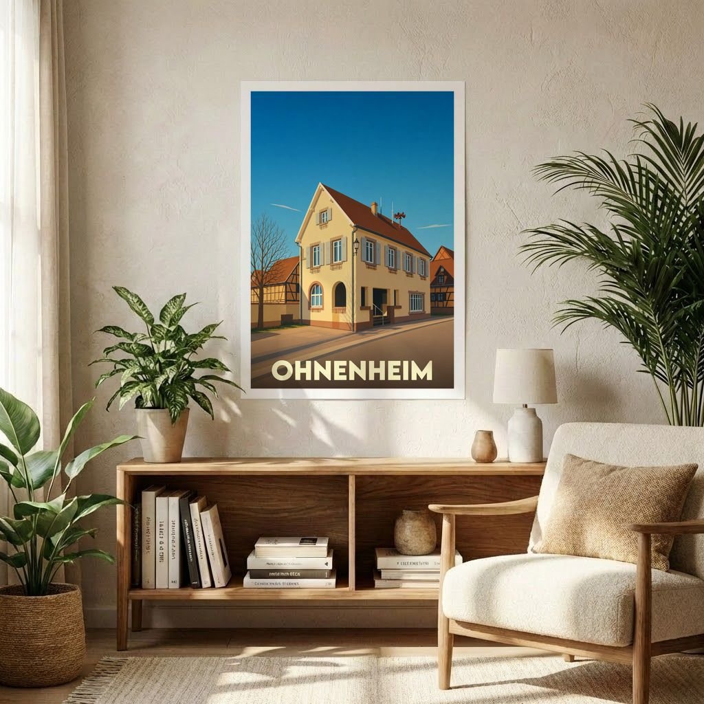 Affiche souvenir de la ville de Ohnenheim avec une illustration stylisée d'une maison traditionnelle alsacienne.