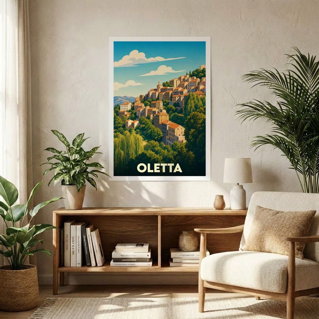 Affiche souvenir de la ville d'Oletta avec une illustration stylisée d'un village perché méditerranéen.