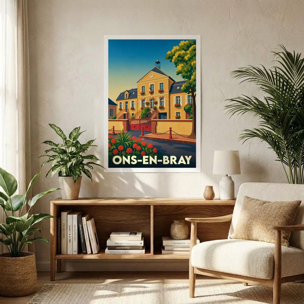 Affiche souvenir de la ville de Ons-en-Bray avec une illustration stylisée de sa mairie.