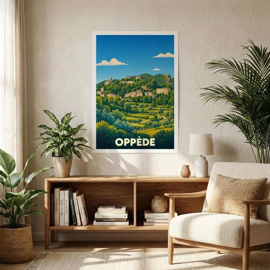 Affiche souvenir de la ville d'Oppède avec une illustration stylisée de son village perché dans un style vintage.