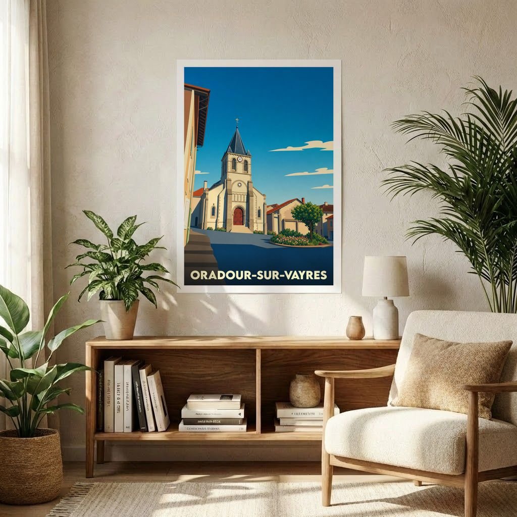 Affiche souvenir de la ville d'Oradour-sur-Vayres illustrant son église sous un ciel bleu azur.