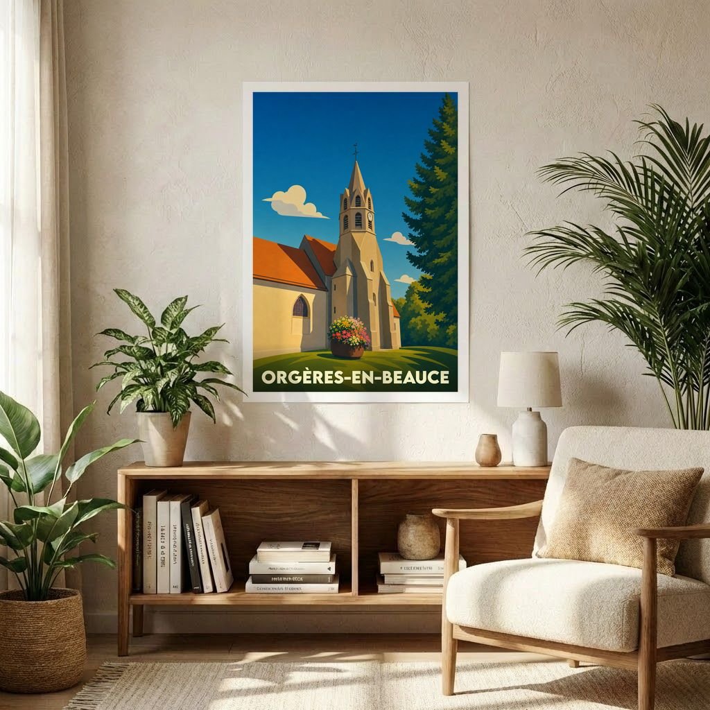 Affiche souvenir de la ville d'Orgères-en-Beauce avec une illustration stylisée de son église sous un ciel bleu.