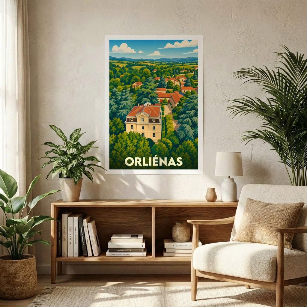 Affiche souvenir de la ville d'Orliénas avec une illustration stylisée d'un château entouré de verdure.
