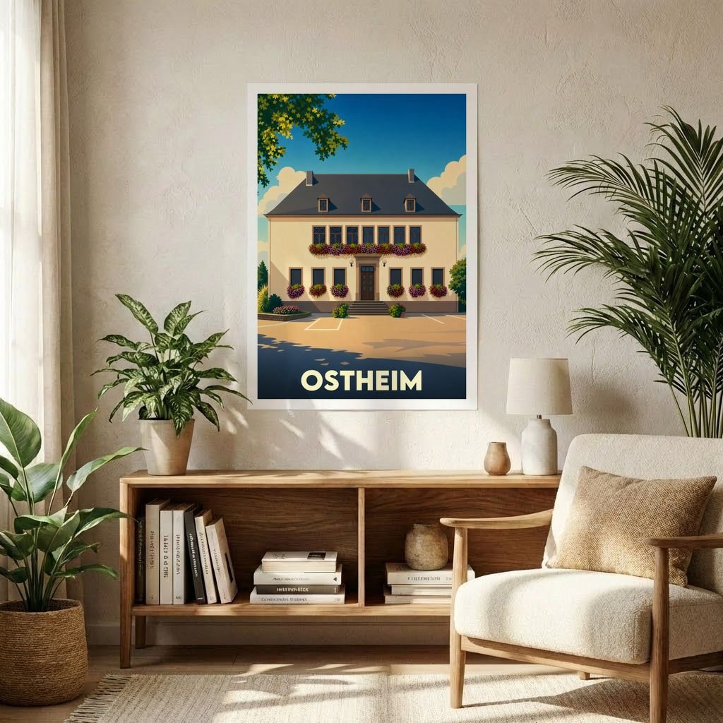 Affiche souvenir de la ville d'Ostheim représentant une bâtisse traditionnelle illustrée dans un style vintage.