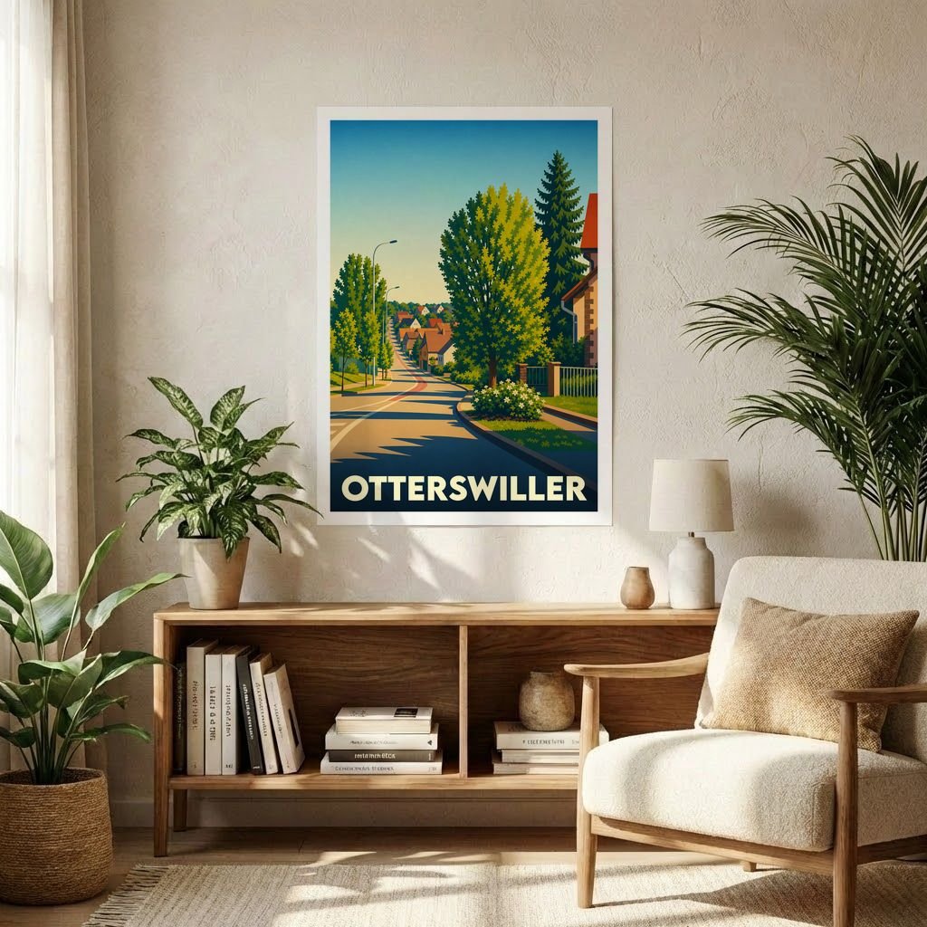 Affiche souvenir de la ville d'Otterswiller avec une illustration stylisée d'une rue bordée d'arbres sous un ciel bleu.