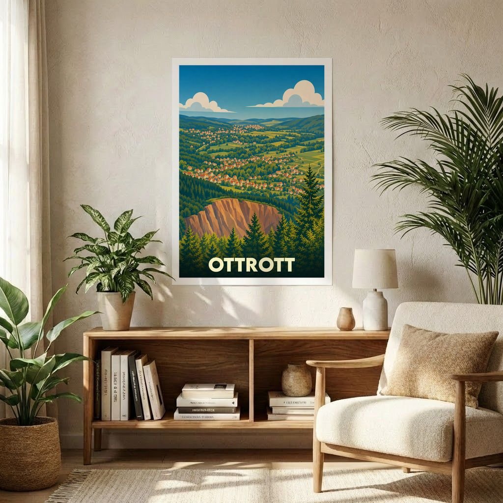 Affiche souvenir de la ville d'Ottrott avec une illustration stylisée de son paysage vallonné.