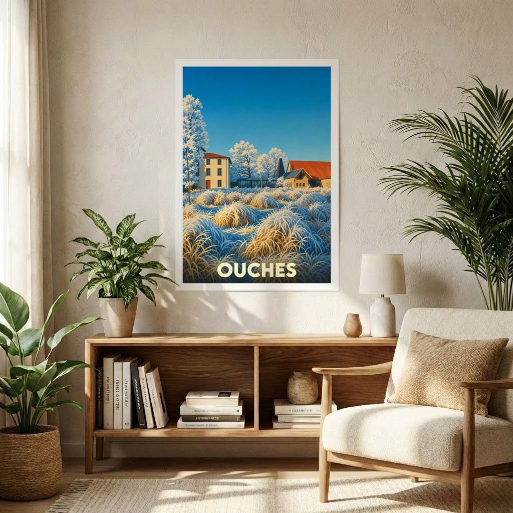 Affiche souvenir de la ville de Ouches représentant un paysage rural hivernal avec une illustration stylisée.