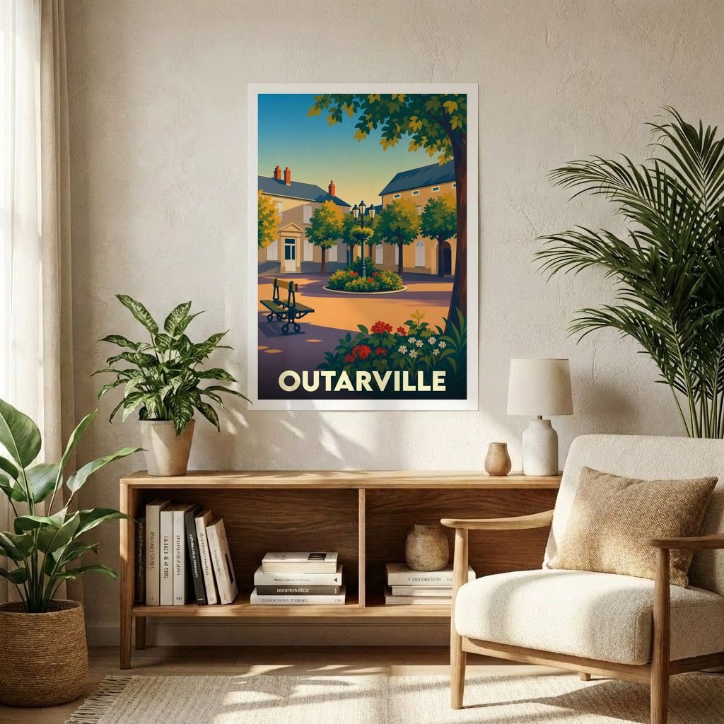 Affiche souvenir de la ville d'Outarville avec une illustration stylisée d'une place ensoleillée.