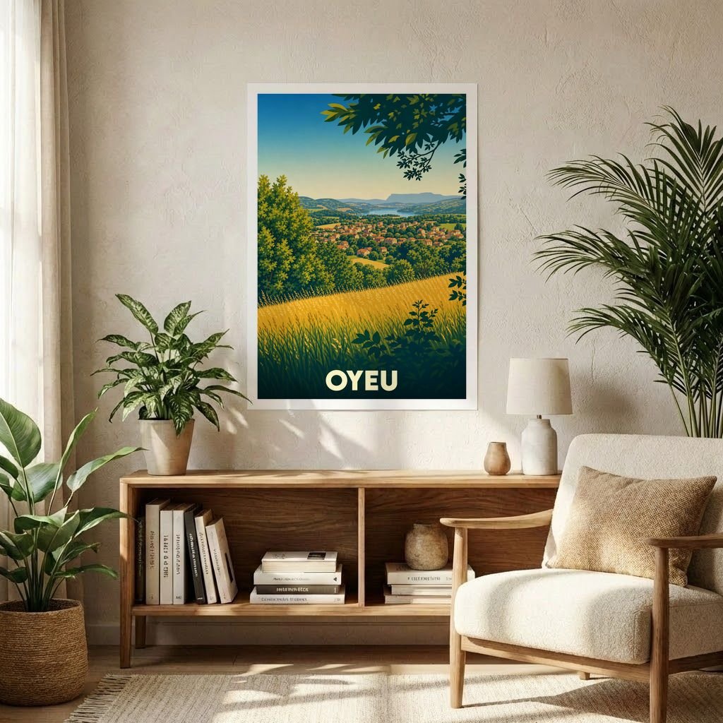 Affiche souvenir de la ville de Oyeu avec une illustration paysagère stylisée.