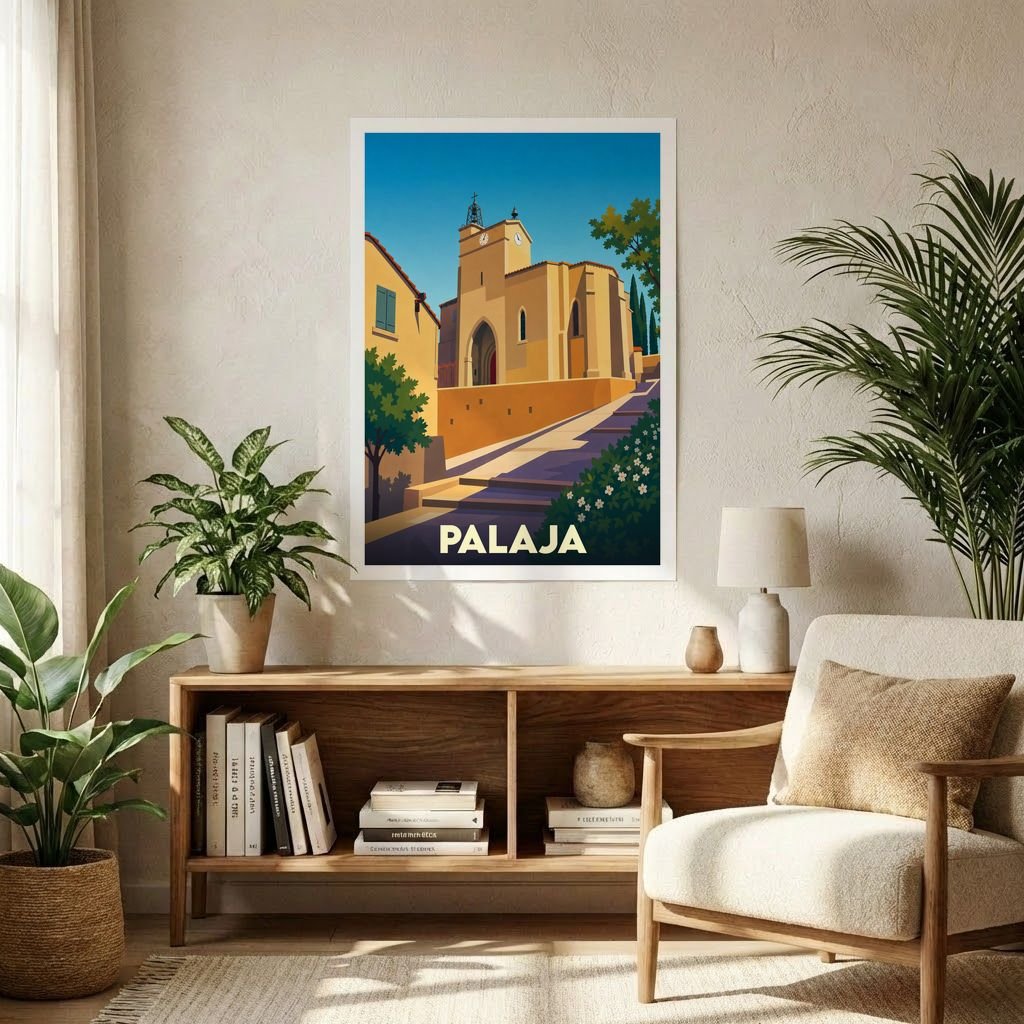 Affiche souvenir de la ville de Palaja avec une illustration stylisée et colorée de son église.
