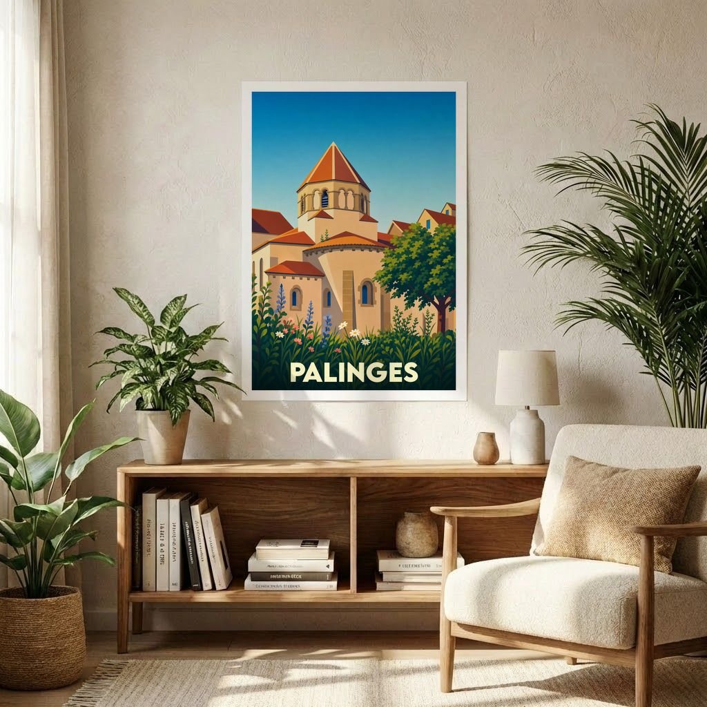 Affiche souvenir de la ville de Palinges avec une illustration stylisée d'un monument historique et de jardins fleuris.