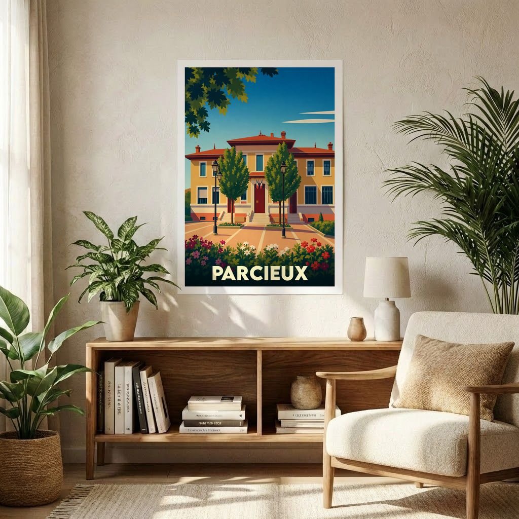 Affiche souvenir de la ville de Parcieux avec une illustration stylisée et colorée de son hôtel de ville.