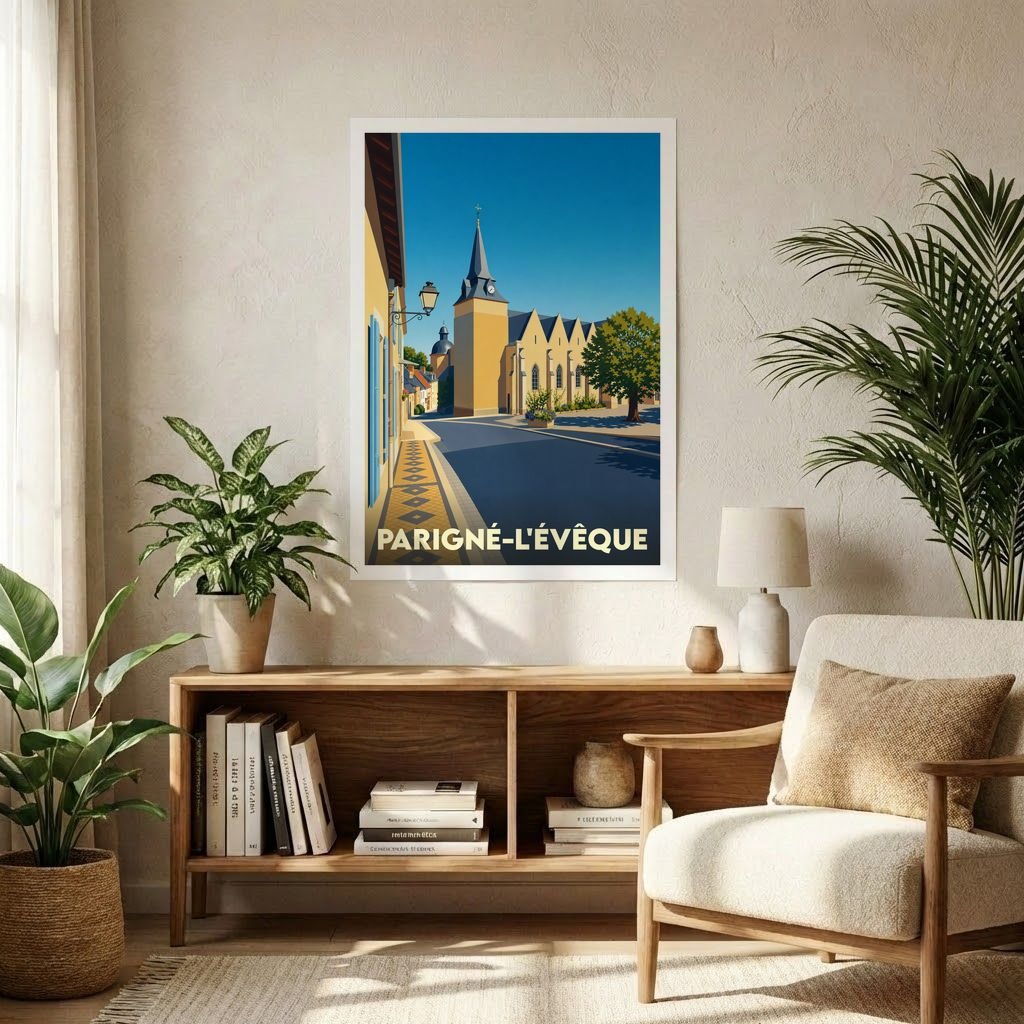 Affiche souvenir de la ville de Parigné-l'Évêque avec une illustration stylisée et colorée du centre-bourg.