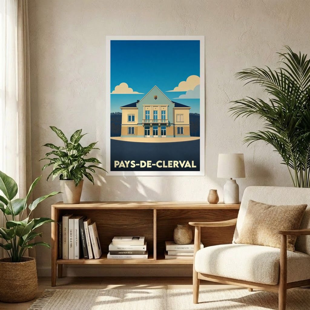 Affiche souvenir de la ville de Pays-de-Clerval avec une illustration stylisée de son architecture.