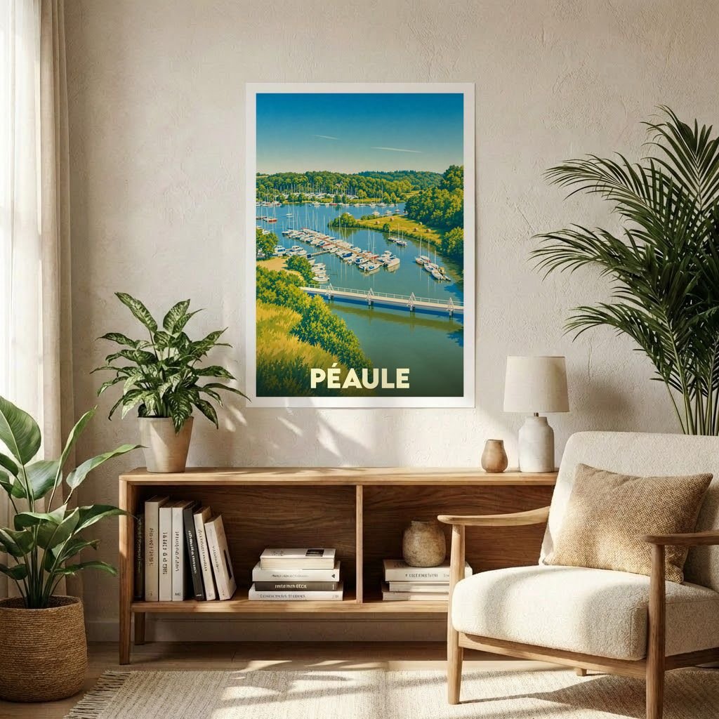 Affiche souvenir de la ville de Péaule illustrant son port de plaisance dans un style vintage.