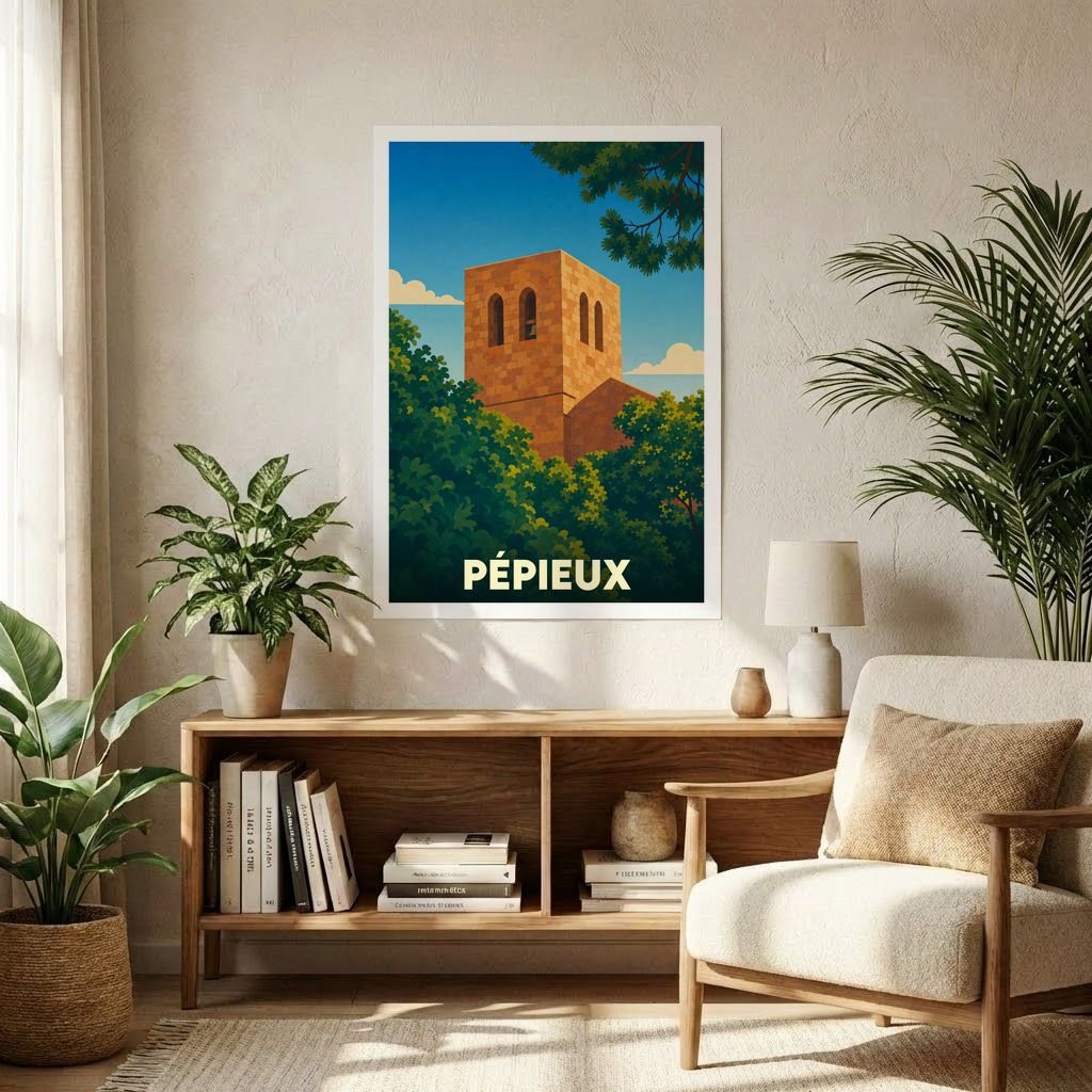 Affiche souvenir de la ville de Pépieux avec une illustration stylisée de son église entourée de verdure.