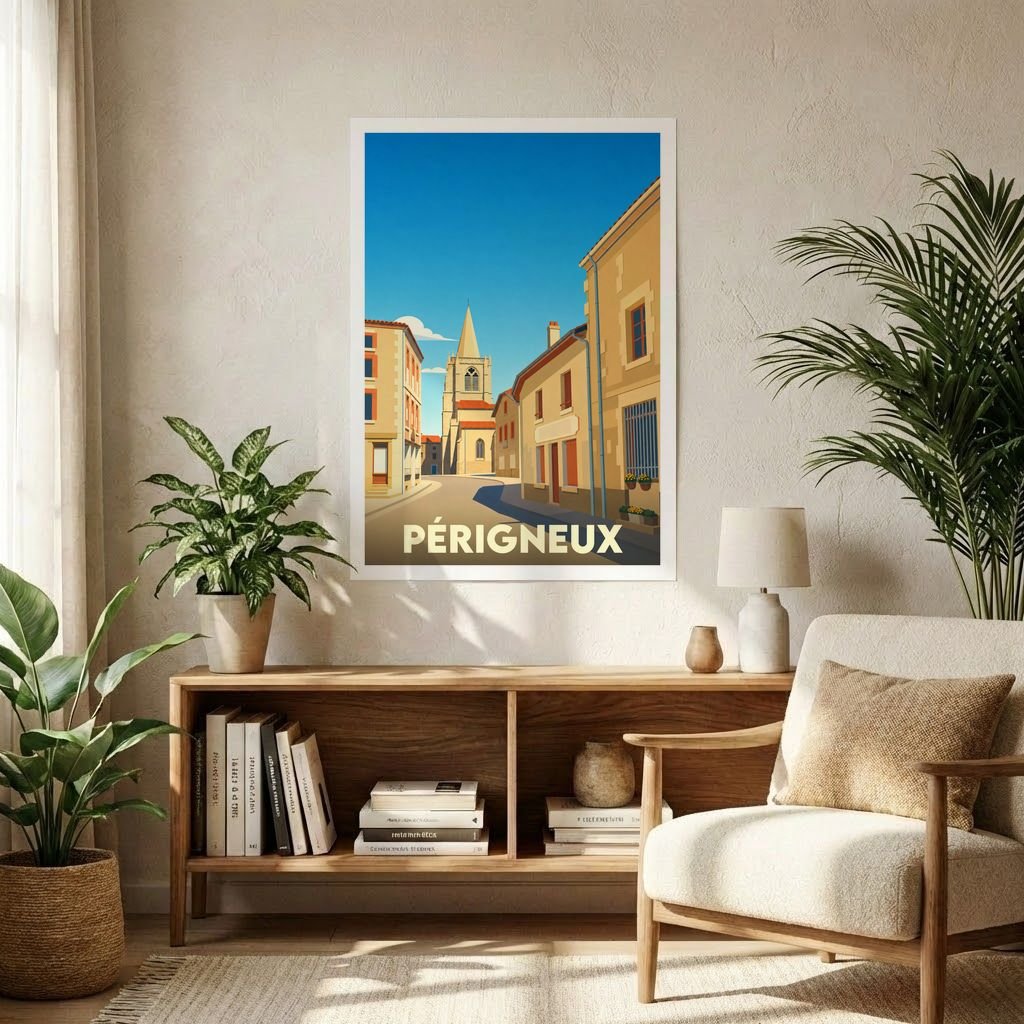 Affiche souvenir de la ville de Périgneux avec une illustration stylisée d'une rue menant à l'église.