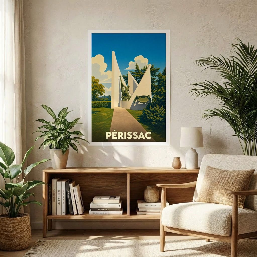 Affiche souvenir de la ville de Périssac présentant une illustration stylisée de son monument.