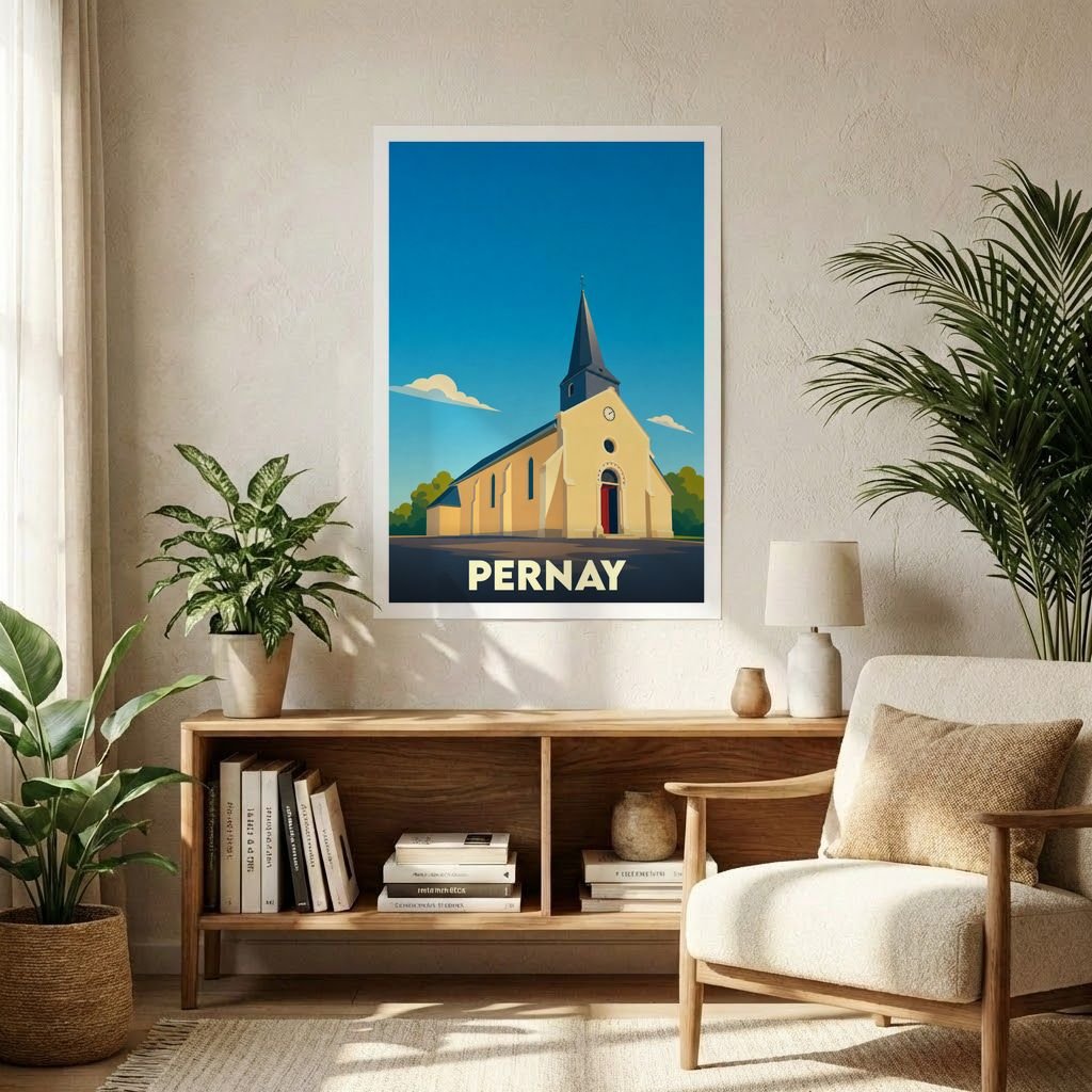 Affiche souvenir de la ville de Pernay avec une illustration stylisée de son église sous un ciel bleu.