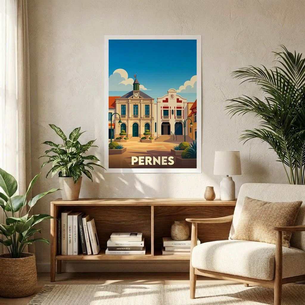 Affiche souvenir de la ville de Pernes avec une illustration stylisée et colorée.