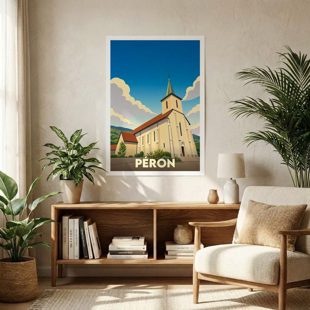 Affiche souvenir de la ville de Péron avec une illustration stylisée d'une église sous un ciel azur.