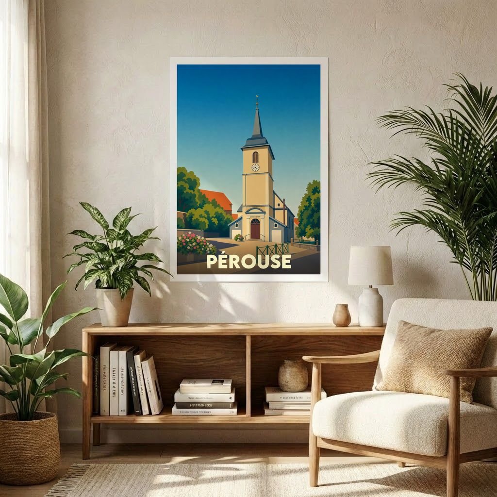 Affiche souvenir de la ville de Pérouse avec une illustration stylisée de son église sous un ciel bleu.