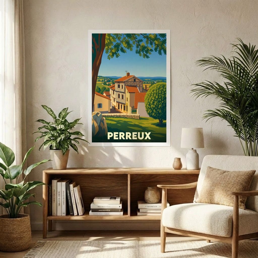 Affiche souvenir de la ville de Perreux avec une illustration stylisée et colorée de ses maisons traditionnelles.