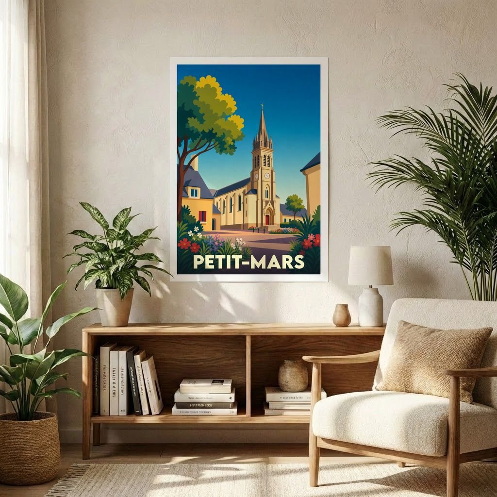 Affiche souvenir de la ville de Petit-Mars avec une illustration stylisée de son église et de ses paysages.
