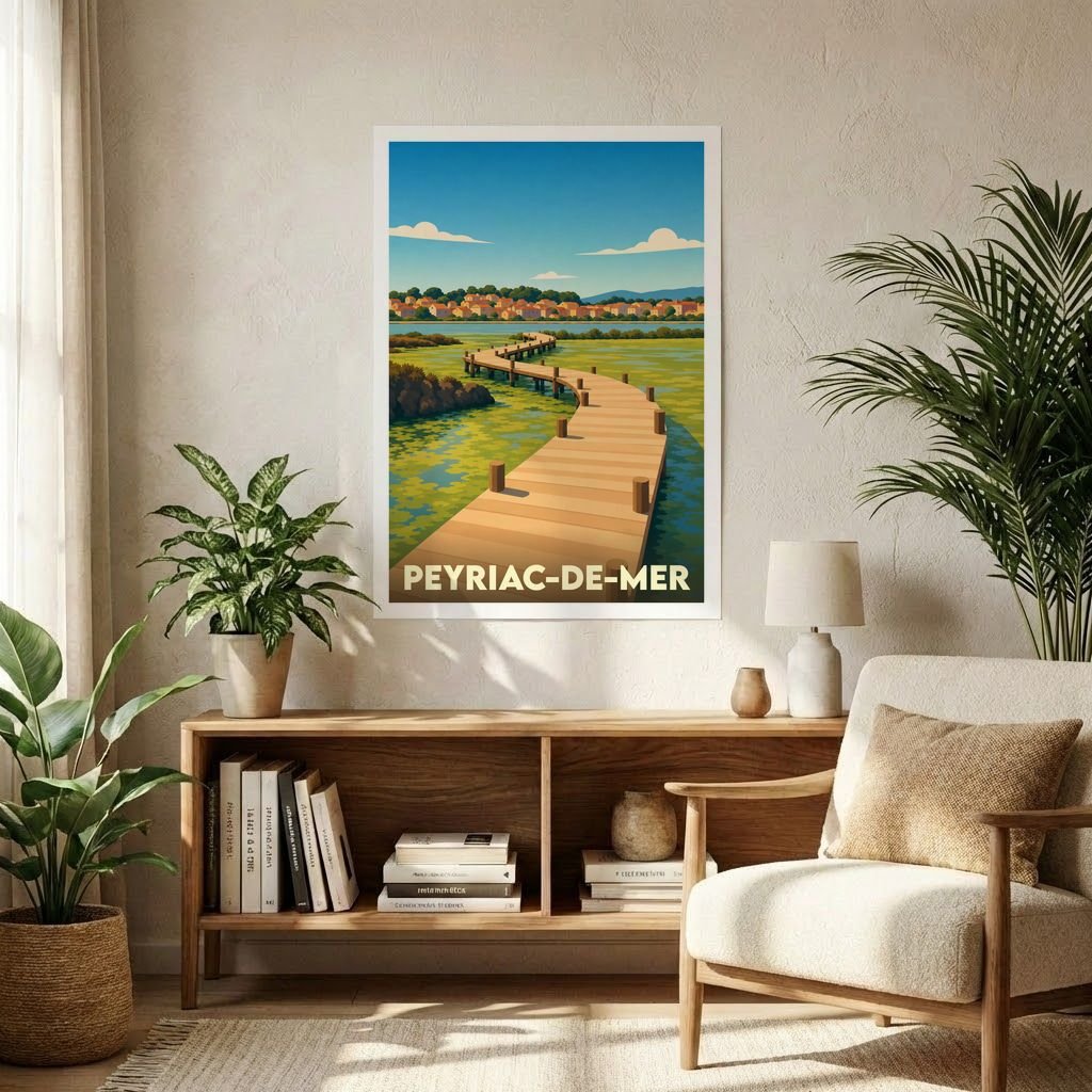 Affiche souvenir de la ville de Peyriac-de-Mer avec une illustration stylisée d'un ponton serpentant sur l'eau.