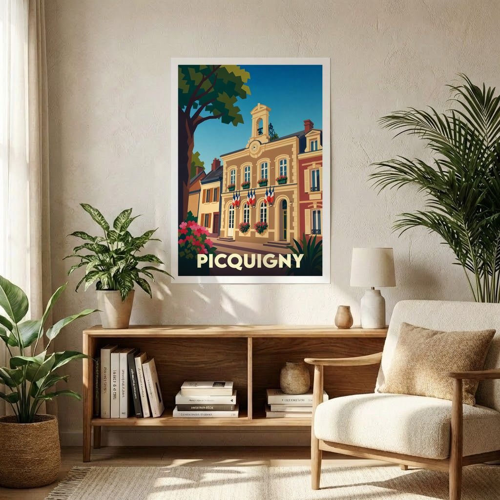 Affiche souvenir de la ville de Picquigny avec une illustration stylisée et colorée de son hôtel de ville.