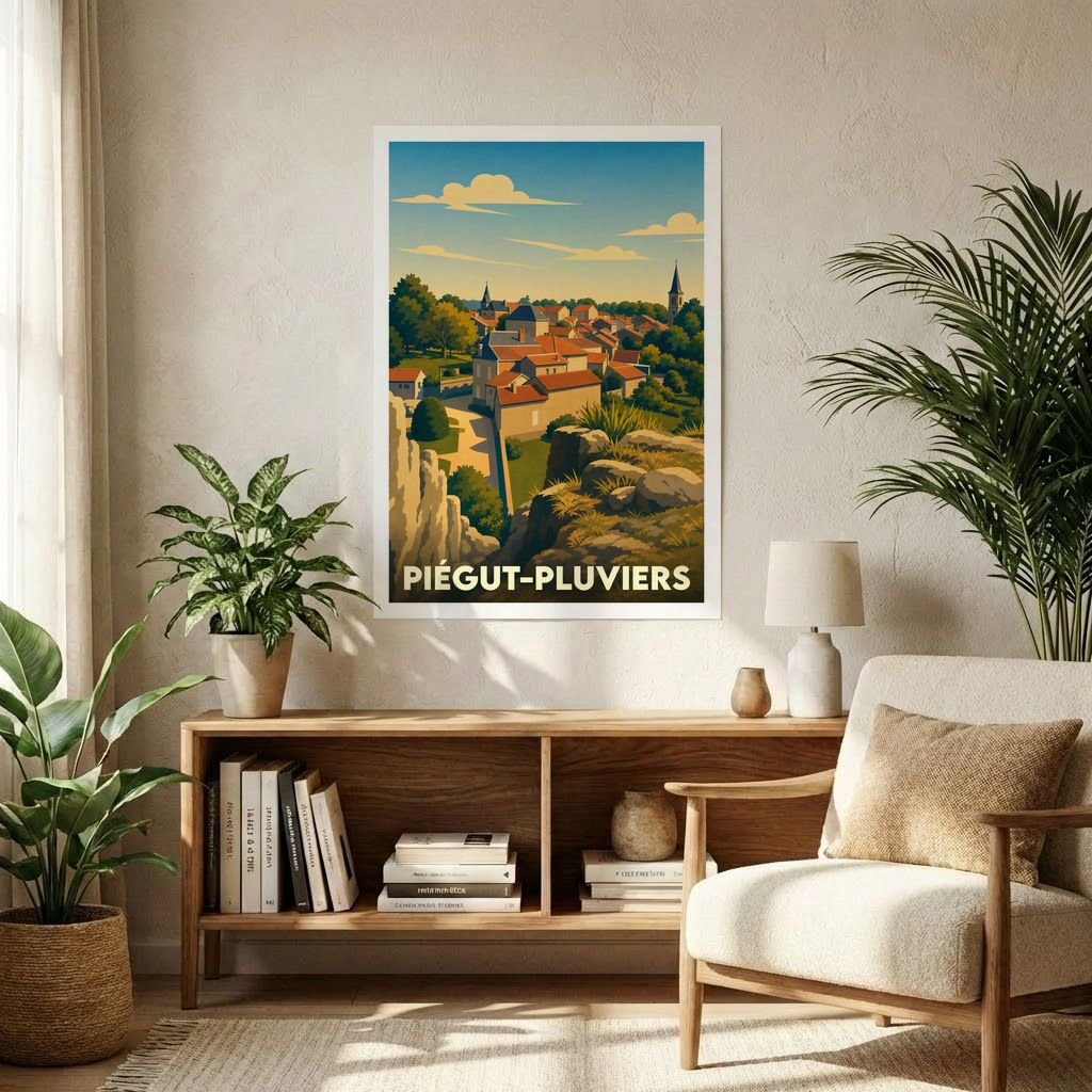 Affiche souvenir de la ville de Piégut-Pluviers avec une illustration stylisée d'un paysage urbain.