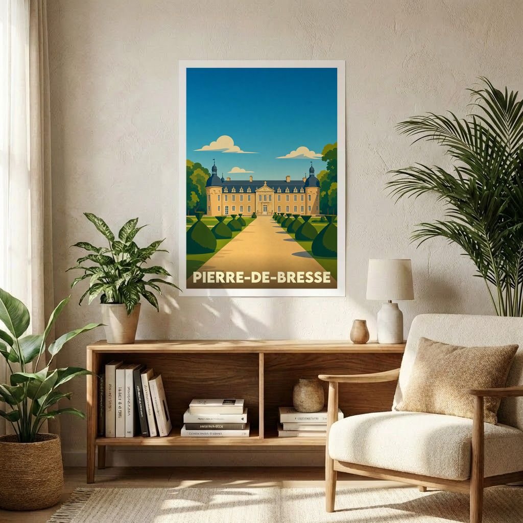 Affiche souvenir de la ville de Pierre-de-Bresse illustrant son château dans un style graphique et épuré.