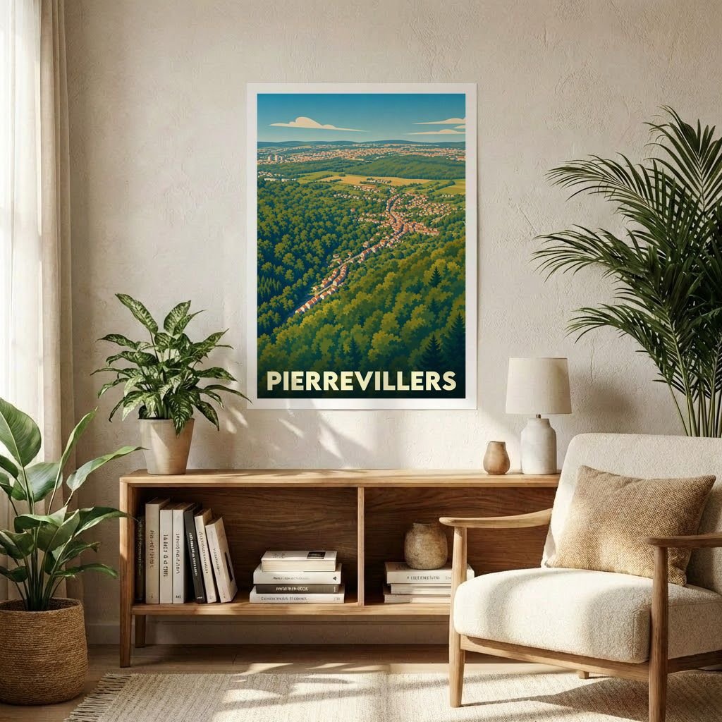 Affiche souvenir de la ville de Pierrevillers avec une illustration stylisée de son paysage verdoyant.