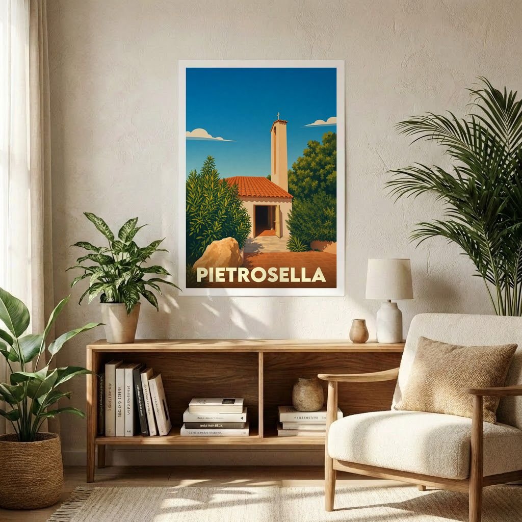 Affiche souvenir de la ville de Pietrosella avec une illustration stylisée d'un bâtiment provençal sous un ciel bleu.