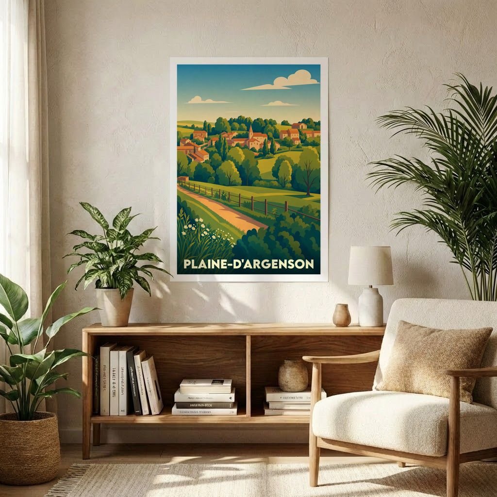 Affiche souvenir de la ville de Plaine-d'Argenson avec une illustration paysagère stylisée.
