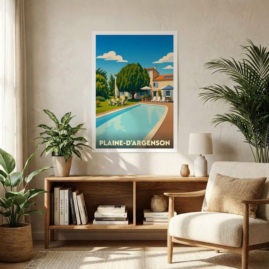 Affiche souvenir de la ville de Plaine-d'Argenson avec une illustration stylisée d'une villa avec piscine.