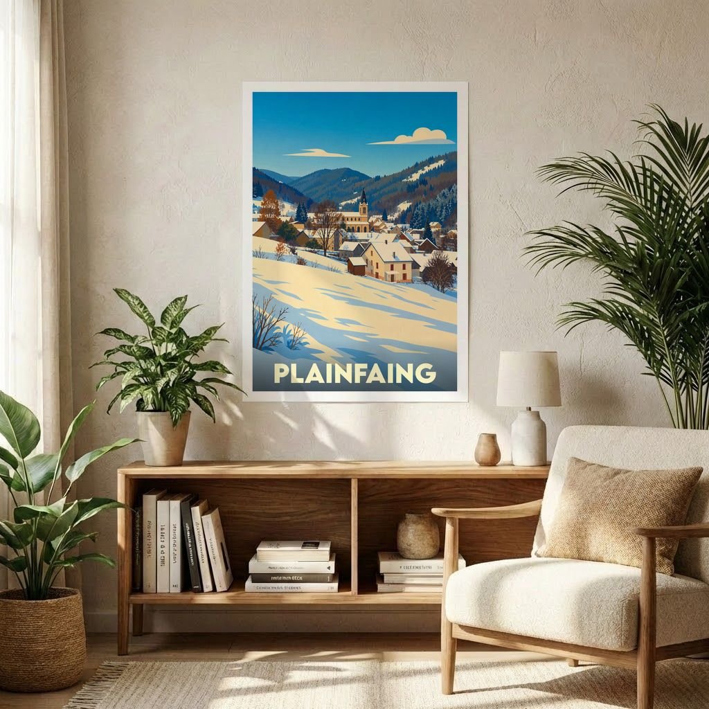 Affiche souvenir de la ville de Plainfaing représentant une vue hivernale stylisée des montagnes et du village.