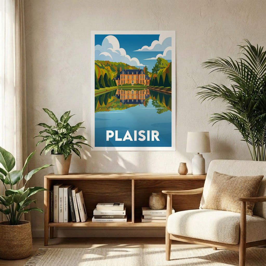 Affiche souvenir de la ville de Plaisir avec une illustration stylisée d'un château se reflétant dans l'eau.
