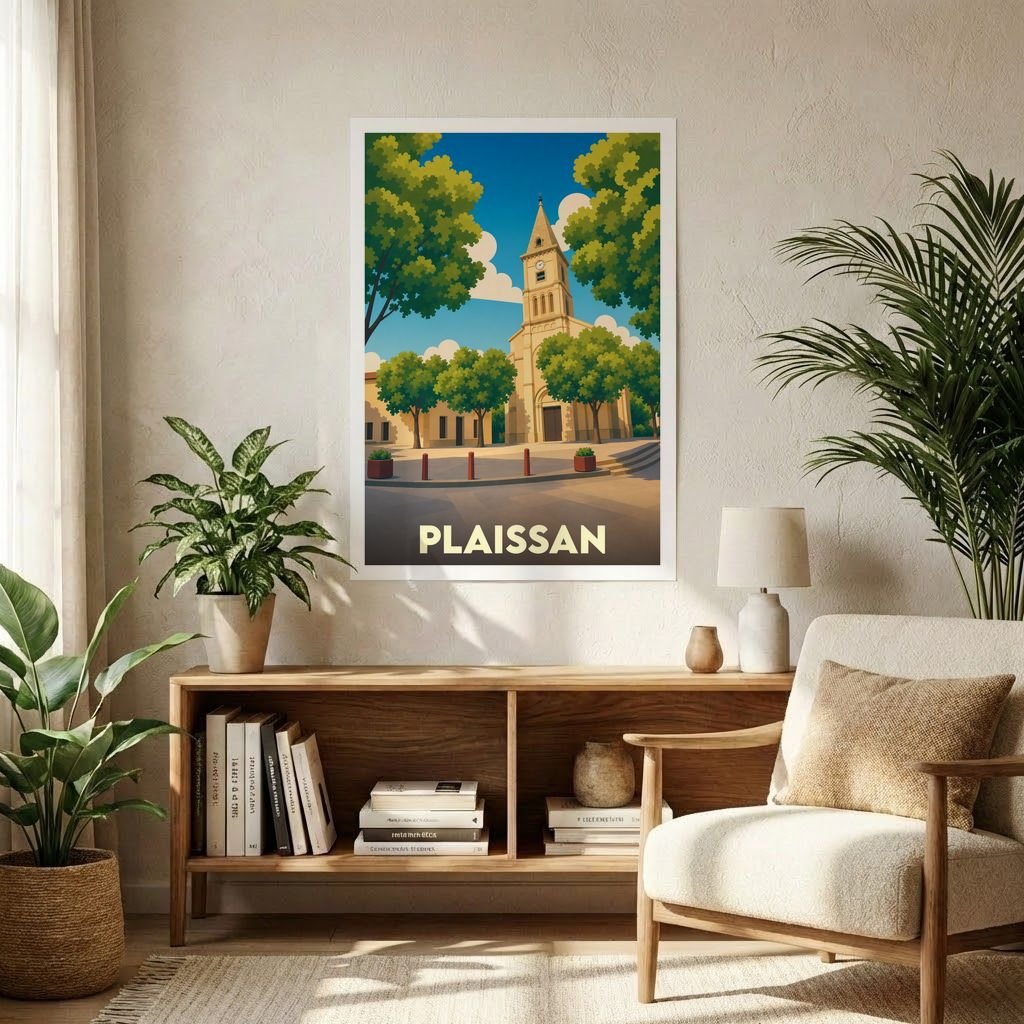 Affiche souvenir de la ville de Plaissan présentant une illustration stylisée de son église et de ses arbres.