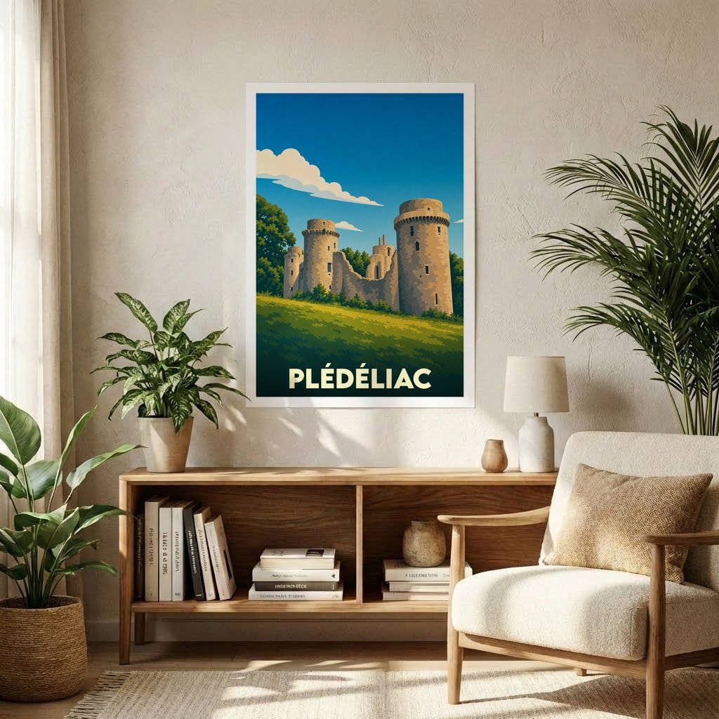 Affiche souvenir de la ville de Plédéliac représentant une illustration stylisée de son château médiéval.