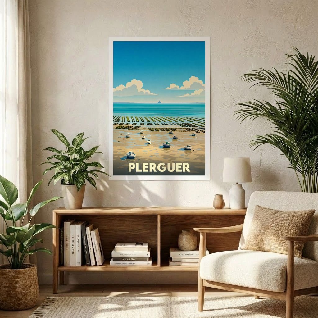 Affiche souvenir de la ville de Plerguer illustrant un paysage côtier au style graphique épuré.