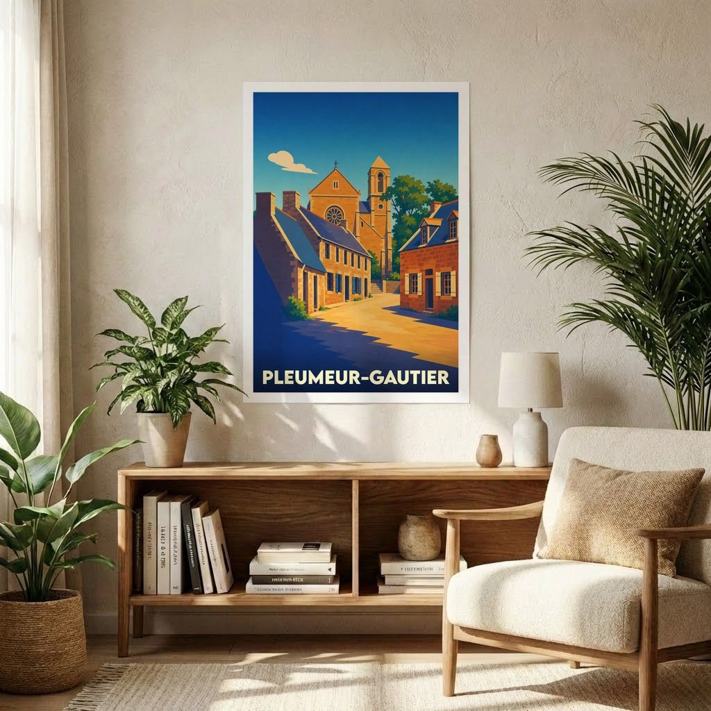 Affiche souvenir de la ville de Pleumeur-Gautier avec une illustration stylisée d'une rue ensoleillée menant à son église.